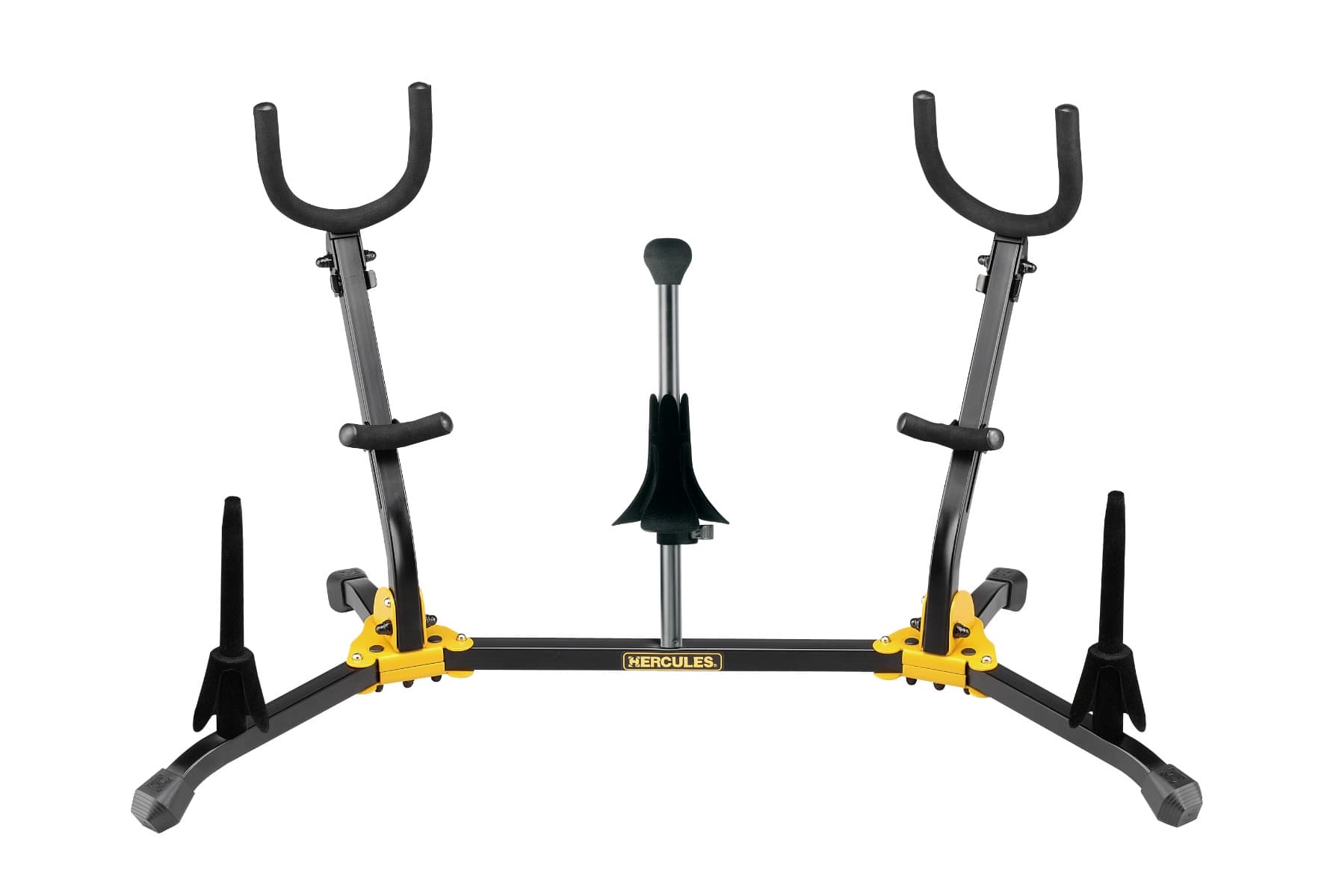 Hercules Duo Alto/Tenor Saxophone Stand with 2 Clarinet/Flute Pegs and 1 Soprano Saxophone Peg